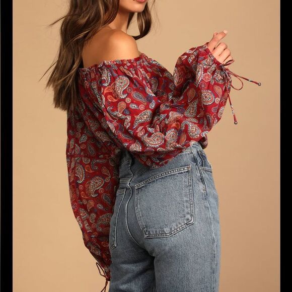 Free People Sundown Rust Red Paisley Print Off-the-Shoulder Bodysuit Size M - Picture 2 of 12